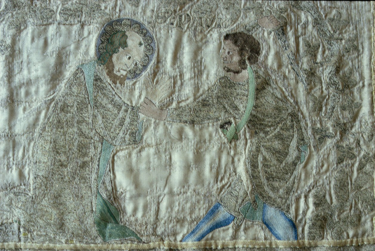 Het martelaarschap van een heilige, detail van het frontaal van de Steeple Aston Cope, c.1340s door English School