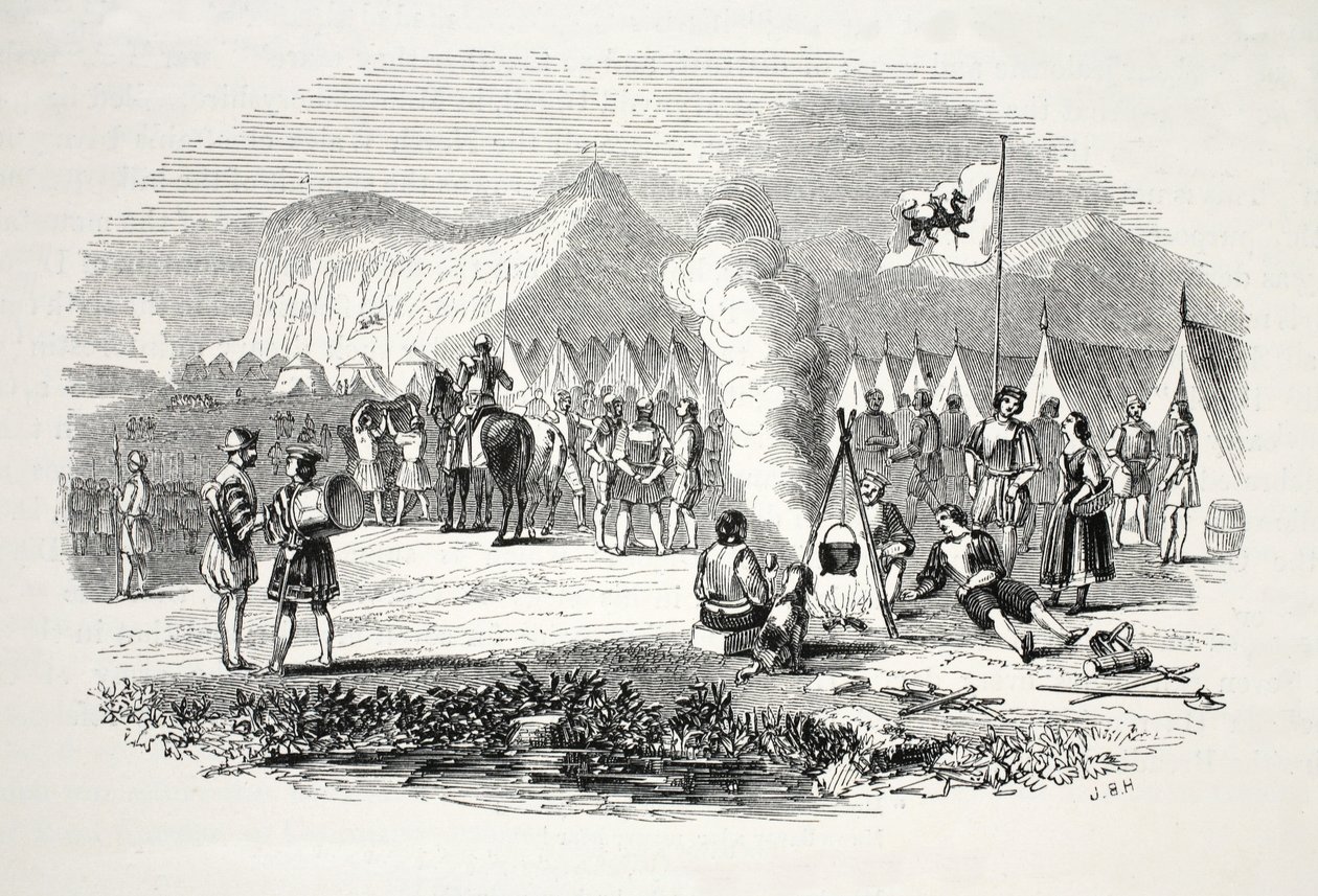 De ontmoeting van de Noord- en Zuid-Welshe stamhoofden bij de Breiddyn Hills, op weg naar Bosworth-veld, 19e eeuw door English School