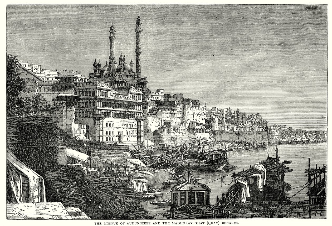 De moskee van Aurungzebe en de Madhoray ghat Benares (gravure) door English School