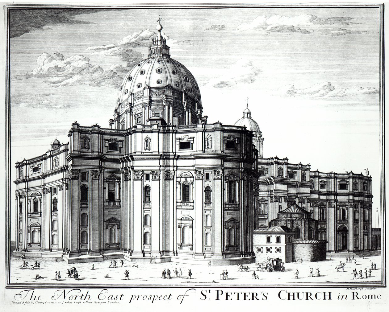 Het noordoostelijke uitzicht van de St. Pieterkerk, Rome, gegraveerd door H. Hulfbergh door English School