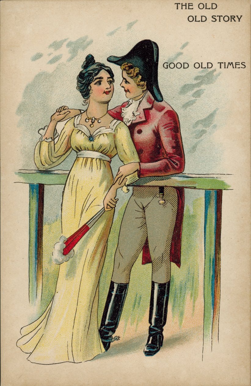 Het oude verhaal, liefde in regentijden (chromolitho) door English School