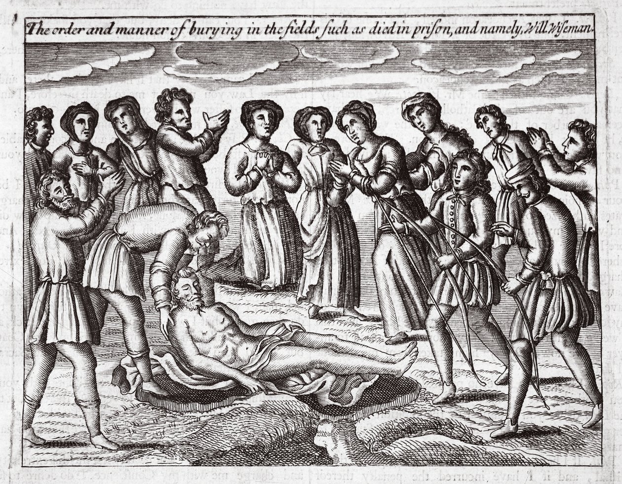 De orde en manier van begraven in de velden van degenen die in de gevangenis stierven, en namelijk Will Wiseman, illustratie uit Handelingen en Monumenten van John Foxe, negende editie, uitgegeven 1684 door English School
