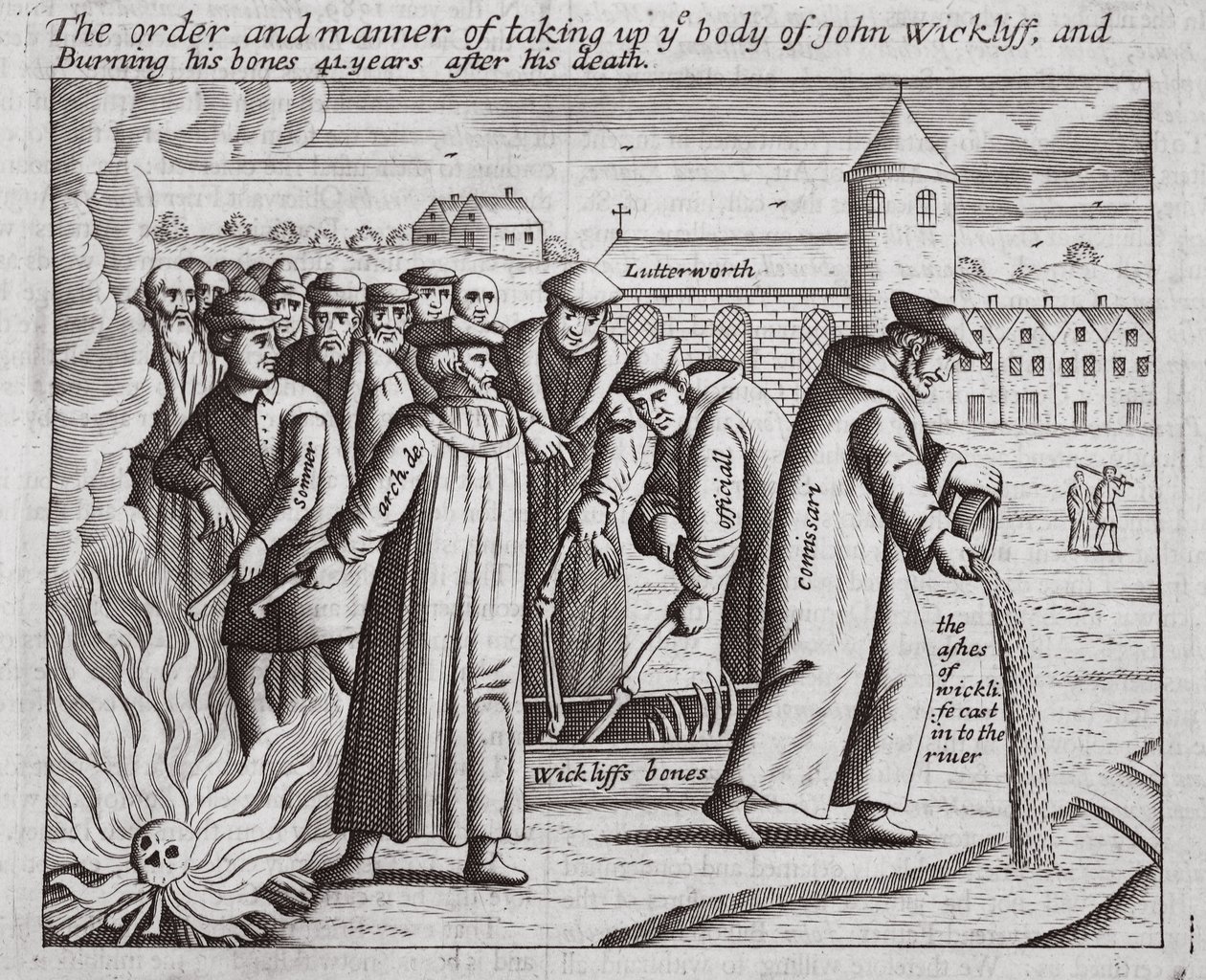 De orde en manier van het opgraven van het lichaam van John Wickliff, en het verbranden van zijn botten 44 jaar na zijn dood, illustratie uit Handelingen en Monumenten van John Foxe, negende editie, uitgegeven 1684 door English School