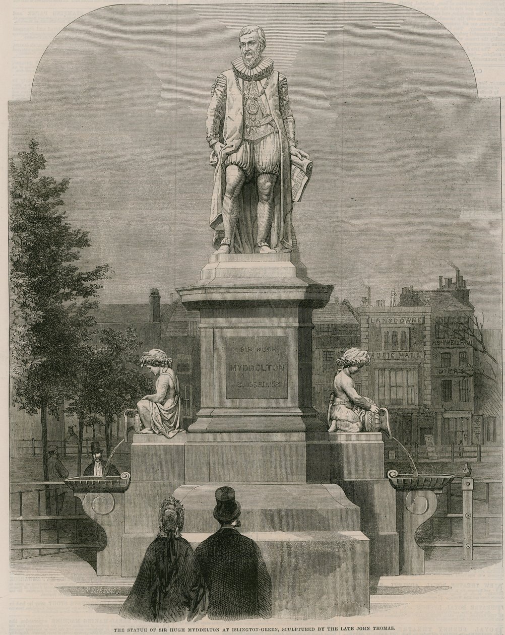 Het standbeeld van Sir Hugh Myddleton in Islington Green, gebeeldhouwd door wijlen John Thomas (gravure) door English School