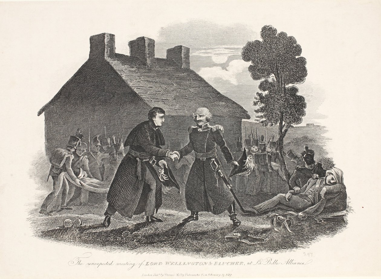 De onverwachte ontmoeting van Lord Wellington en Blucher bij La Belle Alliance, uitgegeven door T Kelly, 1811 door English School