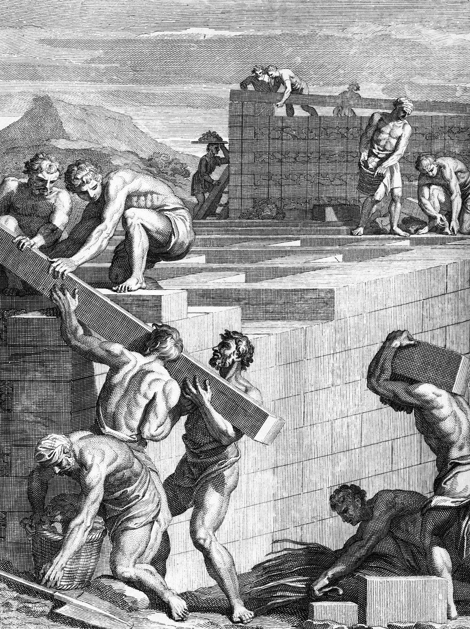 De muren van steden onder de Galliërs zijn gebouwd van afwisselende lagen stenen en balken, gegraveerd door Cornelis Huyberts, illustratie bij Caesars Commentaries vertaald in het Engels door William Duncan door English School