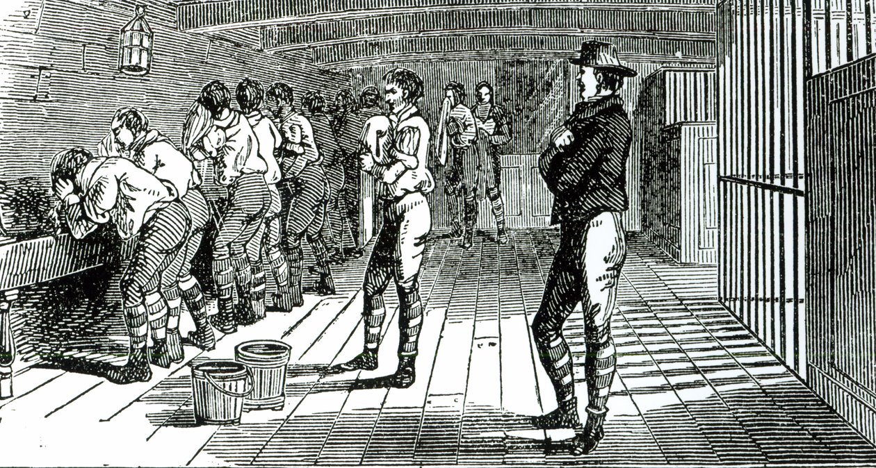 De wasruimte onderdeks - veroordeelde vakbondsleden worden naar Australië vervoerd, geïllustreerd in The Martyrs of Tolpuddle, gepubliceerd door Trades Union Congress, 1834 door English School