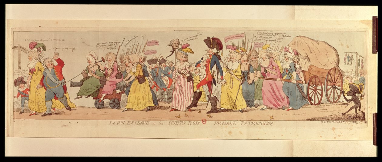 De vrouwen van Les Halles die Lodewijk XVI (1754-93) meenemen uit Versailles, uitgegeven door S.W. Fores, 1789 door English School