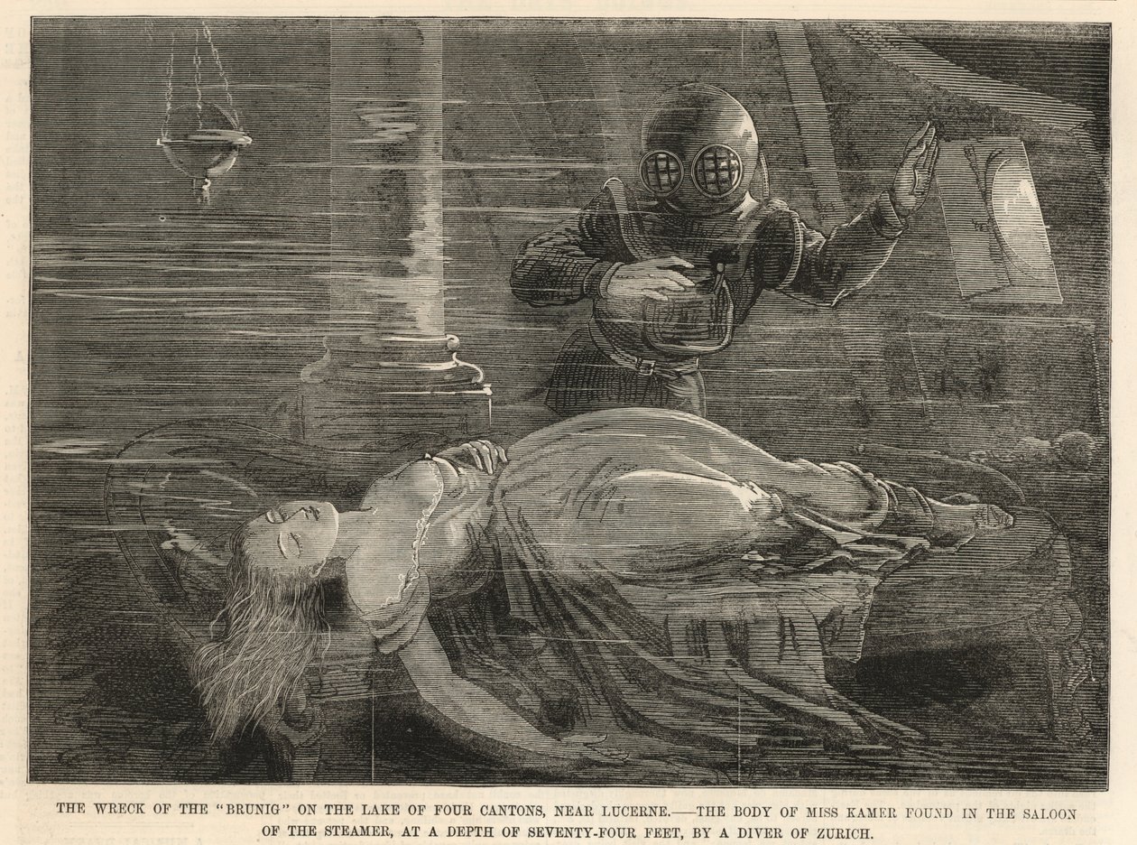 Het wrak van de Brunig op het Vierkantonsmeer (gravure) door English School