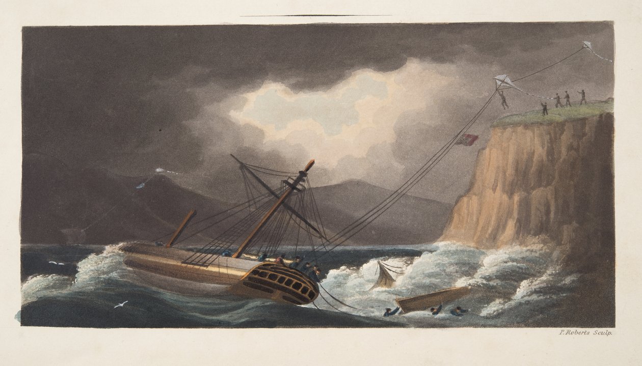 "Dingen geprobeerd nog", Milton, detail van frontispice uit "De Aeropleustische Kunst, of Navigatie in de Lucht, door het Gebruik van Vliegers, of Drijvende Zeilen, uitgegeven 1827 (handgekleurde aquatint) door English School