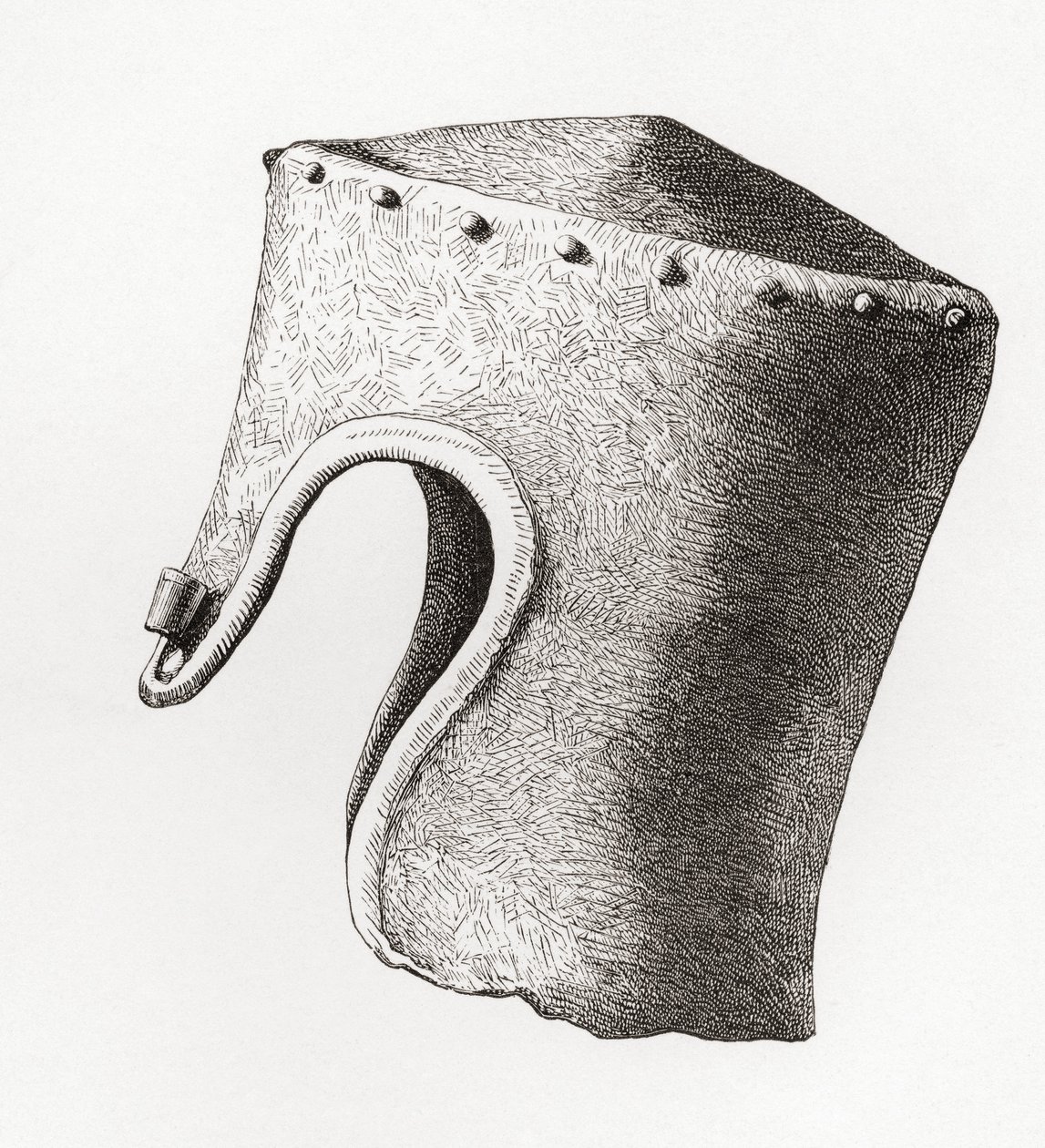 Dertiende eeuws Cilindrische Platte Helm met Neusbeschermer, opgegraven bij Montgomery Castle in 1841, uit The British Army: Its Origins, Progress and Equipment, gepubliceerd 1868. door English School