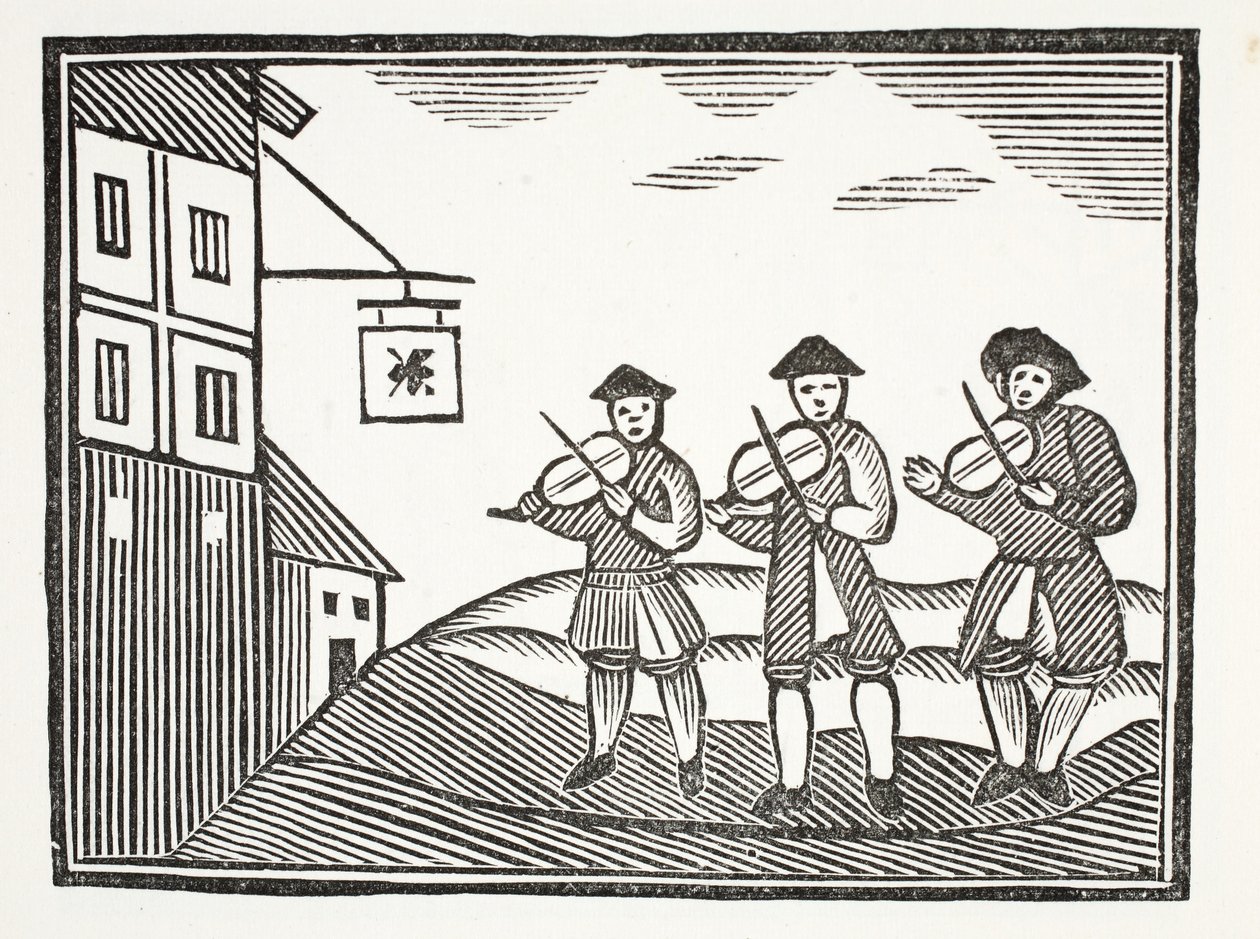 Drie Fiddlers in Thames Street, die een bruidegom speelden in de ochtend, die hen niets te drinken gaf, illustratie uit Chap-books van de Achttiende Eeuw door John Ashton, uitgegeven 1882 door English School