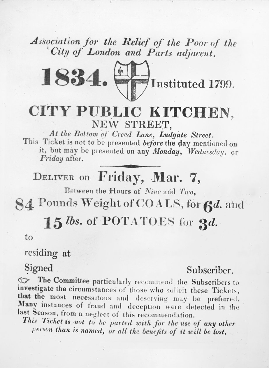 Ticket uitgegeven aan de armen om kolen en aardappelen te ontvangen van de Stadskeuken, New Street, Londen, 1834 door English School