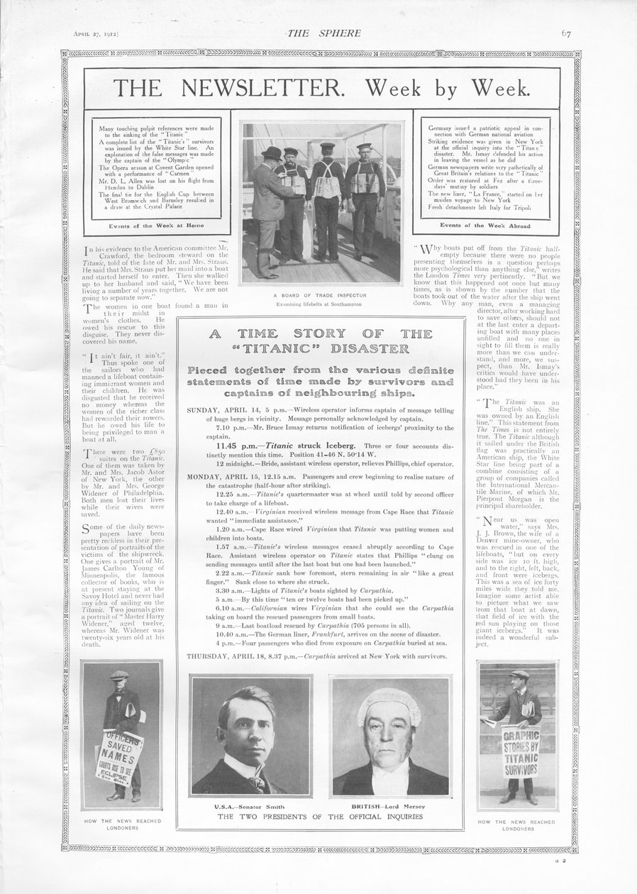 Tijdlijn van gebeurtenissen en artikelen over het zinken van de Titanic, uit The Sphere, 27 april 1912 door English School