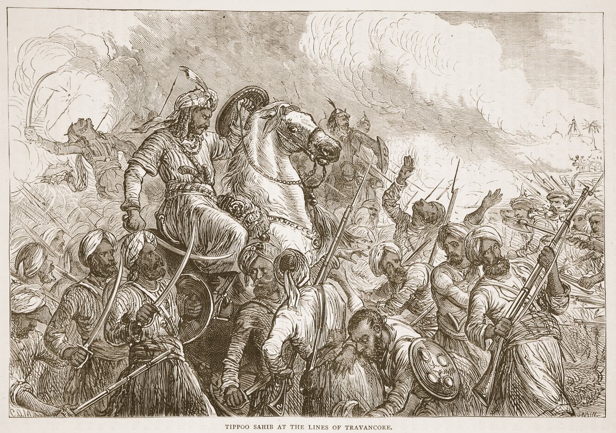 Tippoo Sahib bij de linies van Travancore, illustratie uit Cassells Geïllustreerde Geschiedenis van India door James Grant, uitgegeven 1879 door English School