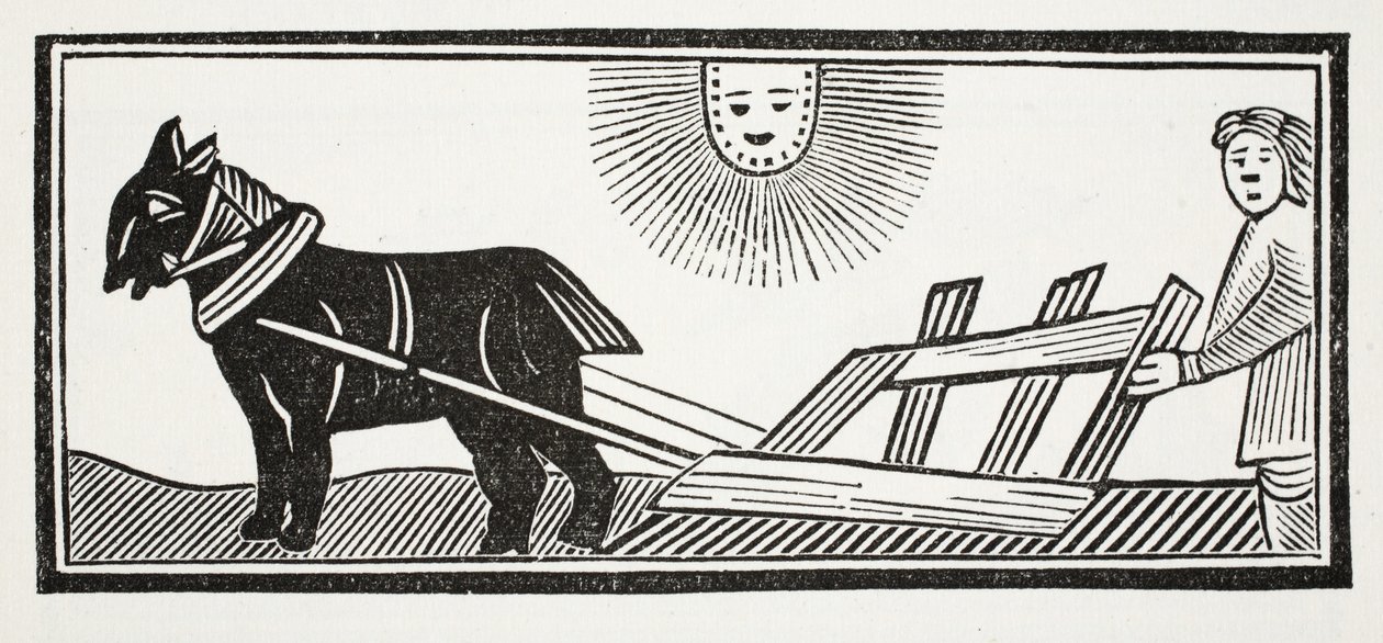 Het is een Ploeg die de ingewanden van de Aarde omwoelt voor het zaaien van Graan, illustratie uit Chap-books van de Achttiende Eeuw door John Ashton, uitgegeven 1882 door English School