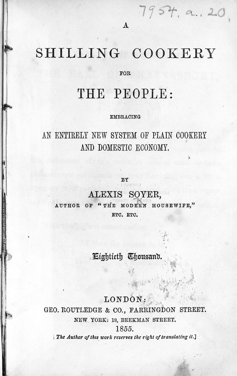 Titelpagina van A Shilling Cookery for The People door Alexis Soyer, gepubliceerd 1855 door English School