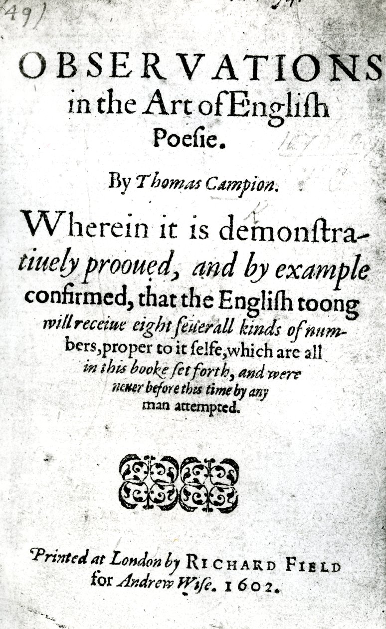 Titelpagina voor Observations in the Art of English Poesie door Thomas Campion, gepubliceerd 1602 door English School