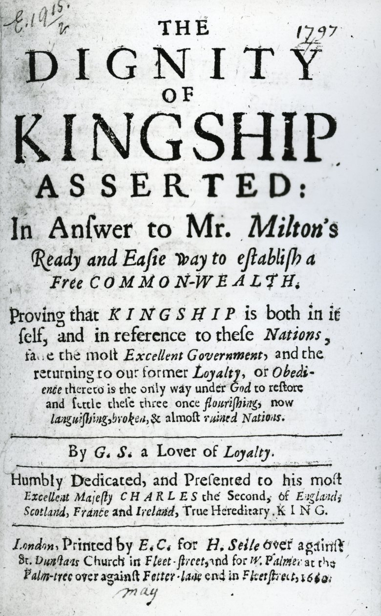 Titelpagina voor The Dignity of Kingship Asserted door G.S. a Lover of Loyalty, gepubliceerd 1660 door English School