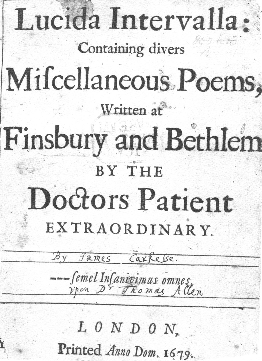 Titelpagina van Lucida Intervalla door James Carkesse, gepubliceerd 1679 (gedrukt papier) door English School