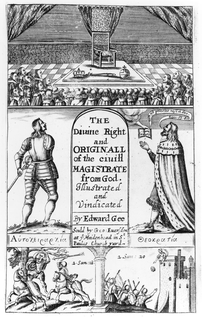 Titelpagina van The Divine Right and Original of the Civil Magistrate from God, gegraveerd door Edward Gee, 1658 door English School