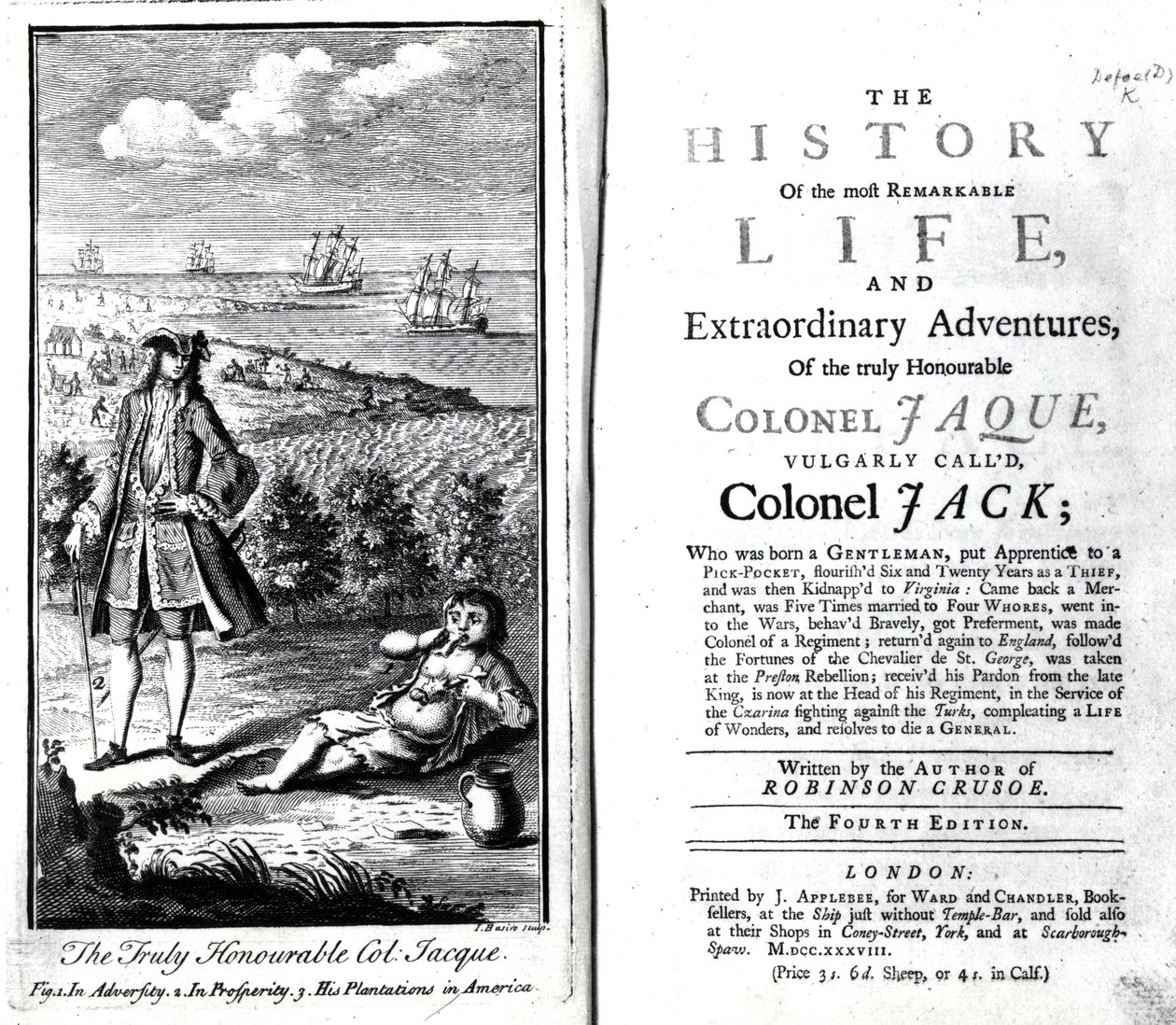 Titelpagina en Frontispice voor The History of the most Remarkable Life and Extraordinary Adventures of the truly Honourable Colonel Jaque door Daniel Defoe, 1738 door English School