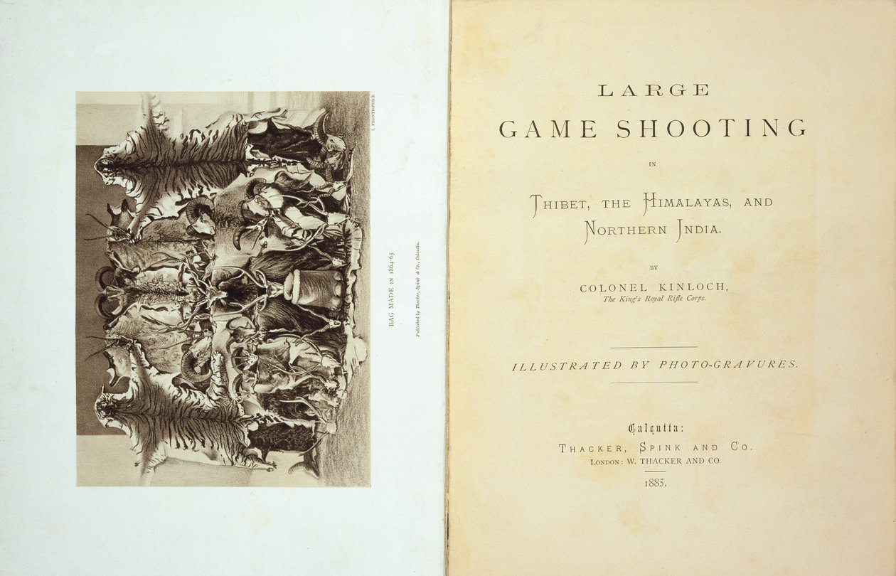 Titelpagina en frontispice van Groot wild schieten in Tibet, de Himalaya en Noord-India door Kolonel Alexander Kinloch, gepubliceerd in 1885 door English School