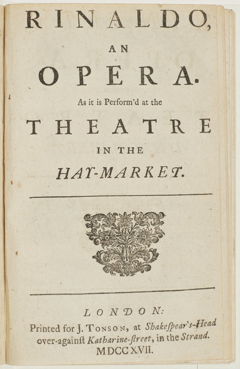 Titelpagina van het libretto van Händels opera "Rinaldo", door Giacomo Rossi, 1717 door English School