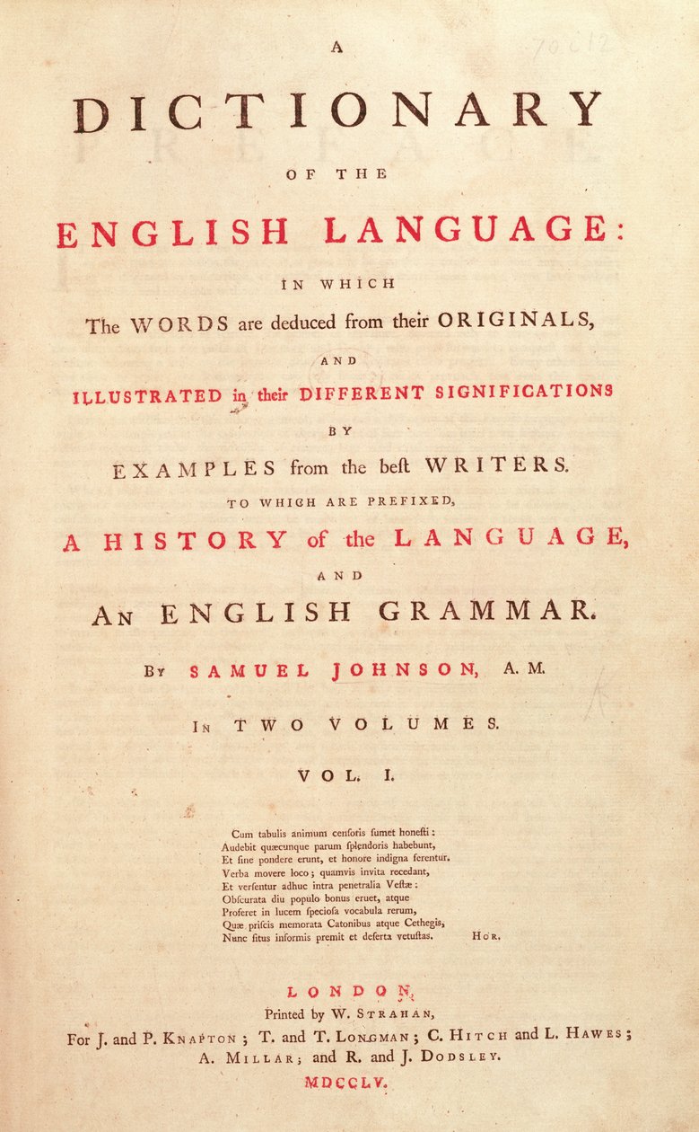Titelpagina van Johnsons Dictionary of the Human Language, Londen, 1755 door English School