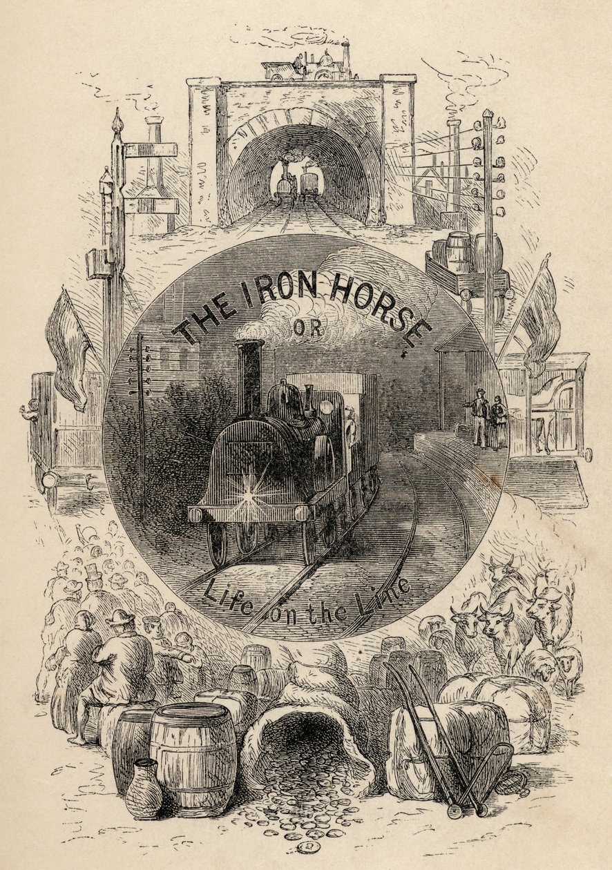 Titelpagina van The Iron Horse or Life on the Line door R.M. Ballantyne, gepubliceerd 1884 door English School