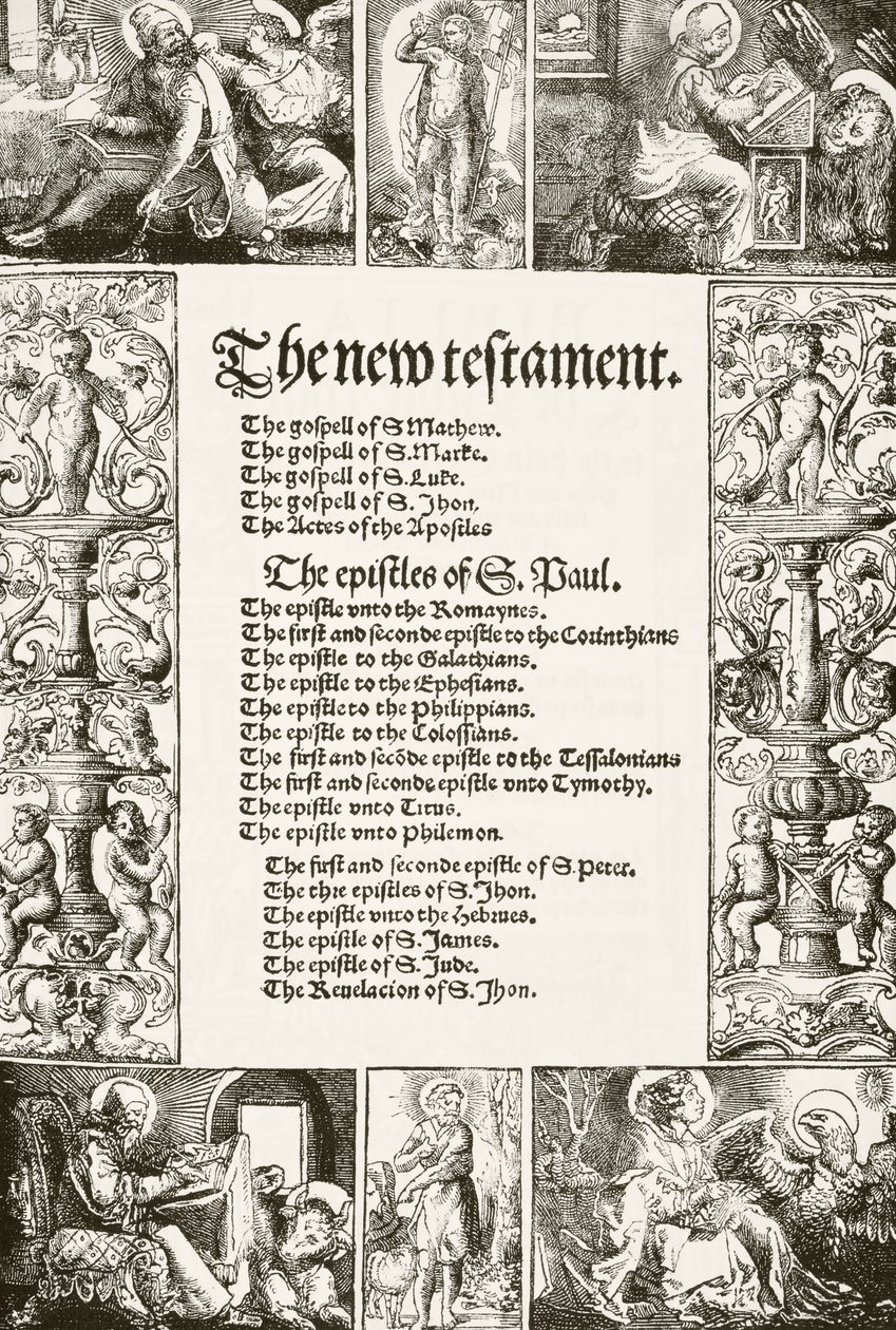 Titelpagina van William Tyndales Nieuwe Testament, gedrukt in de jaren 1530, uit The National and Domestic History of England door William Hickman Smith Aubrey (1858-1916) gepubliceerd in Londen, ca. 1890 door English School