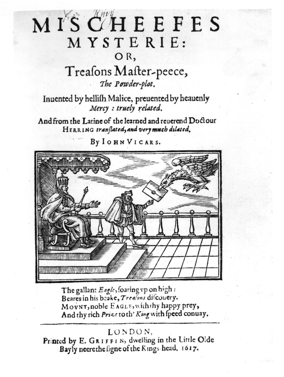 Titelpagina van Mischeefes Mysterie of Verraad Meesterwerk, het Kruitcomplot, door John Vickers, 1617 door English School