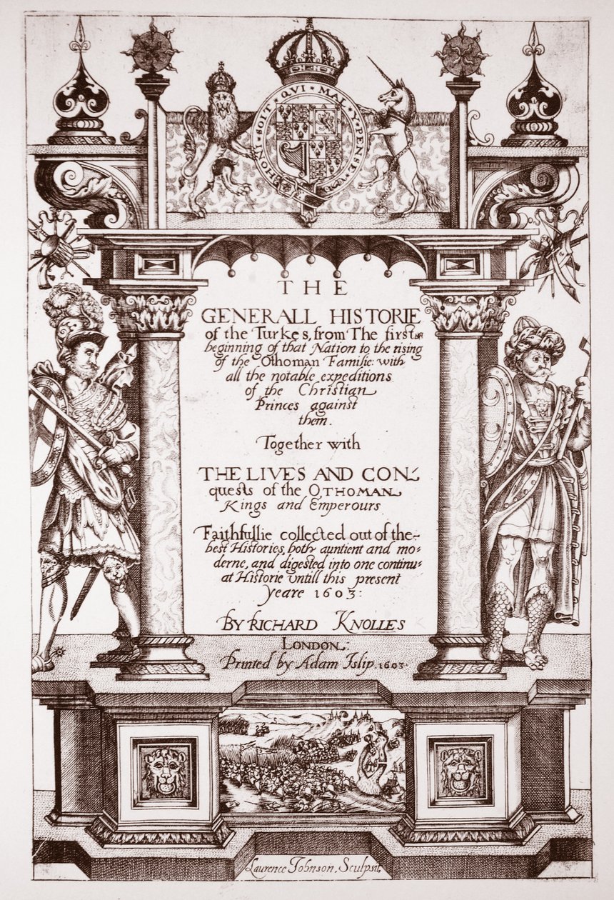 Titelpagina, Knolles Generall Historie of the Turks, uitgegeven door Adam Islip, 1603 door English School