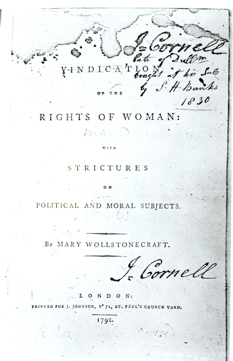 Titelpagina van A Vindication of the Rights of Woman door Mary Wollstonecraft, gepubliceerd in 1792 door English School