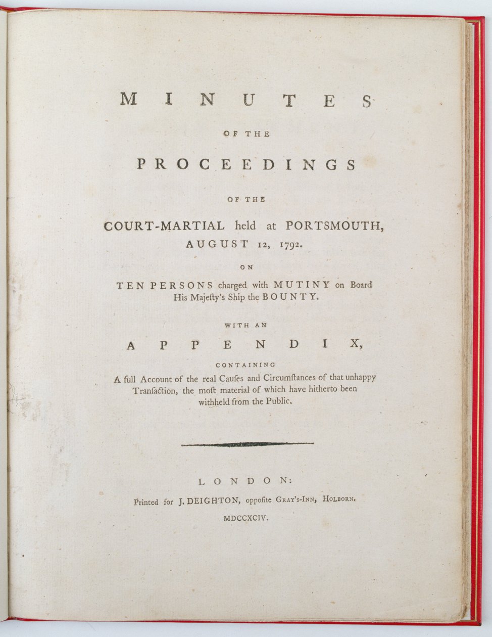 Titelpagina van de Notulen van de rechtszitting gehouden in Portsmouth, 12 augustus 1792, uitgegeven in Londen, 1794 door English School