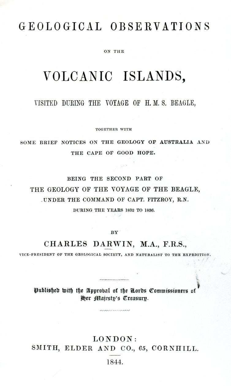 Titelpagina van Geological Observations on the Volcanic Islands door Charles Darwin, 1844 door English School