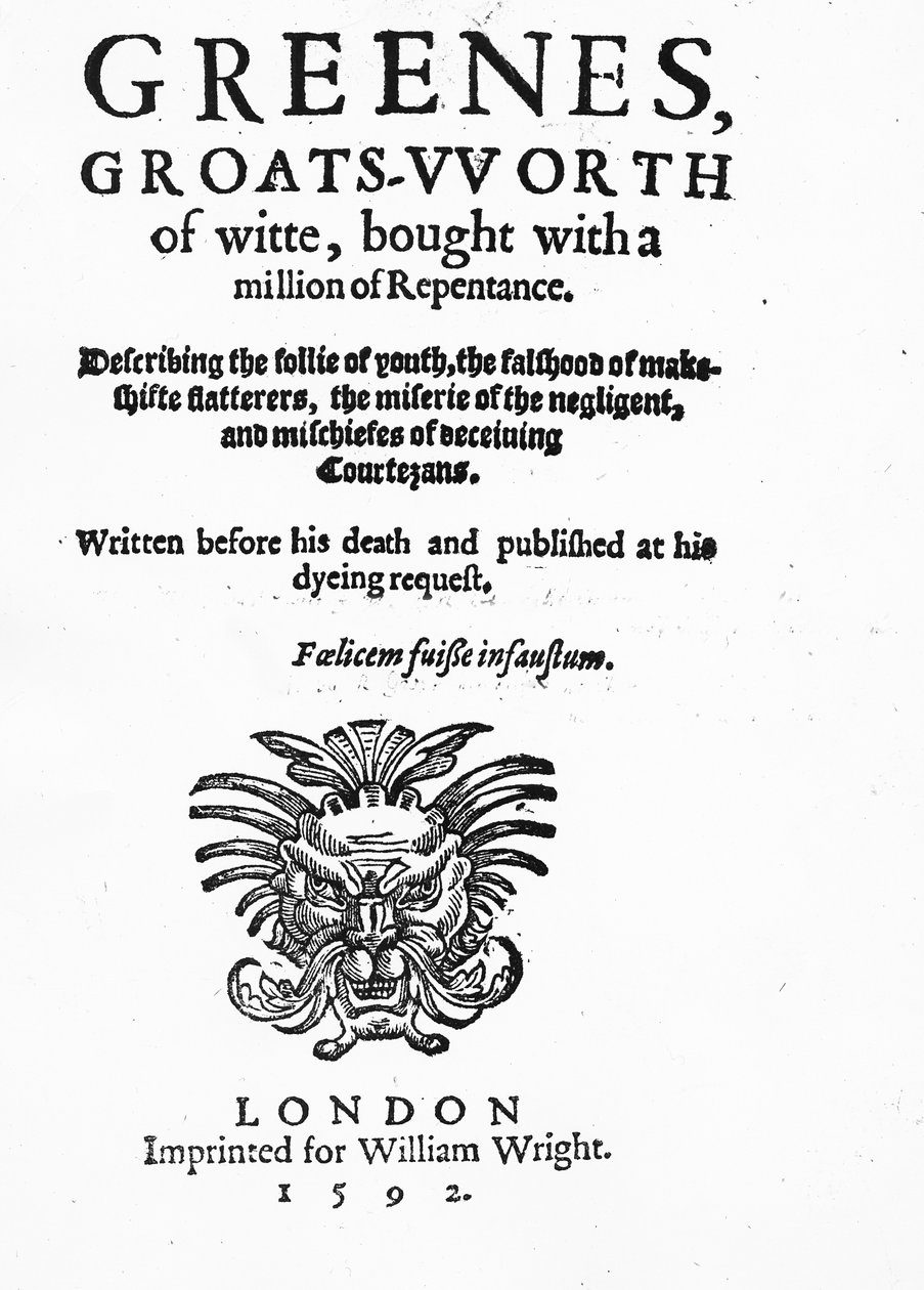 Titelpagina van Greenes Groats-Worth of Wit, toegeschreven aan Robert Greene, gepubliceerd in 1592 door English School