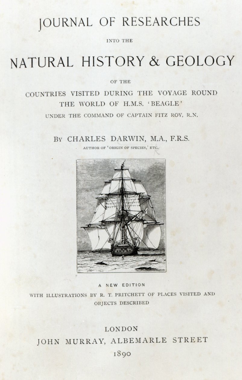 Titelpagina van The Voyage of the Beagle door Charles Darwin, editie gepubliceerd in 1890 door English School