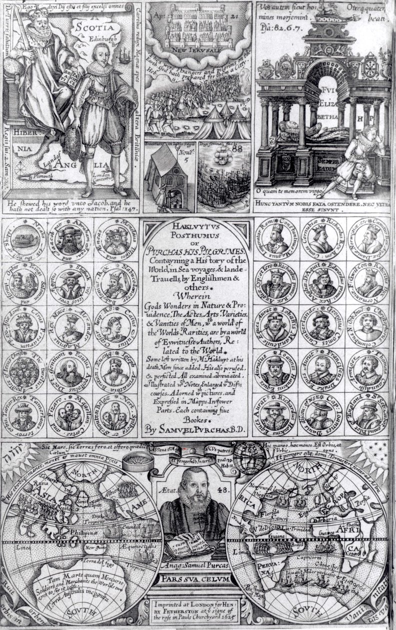 Titelpagina van de eerste editie van Hakluytus Posthumus of Purchas Zijn Pelgrims, gepubliceerd 1625 door English School