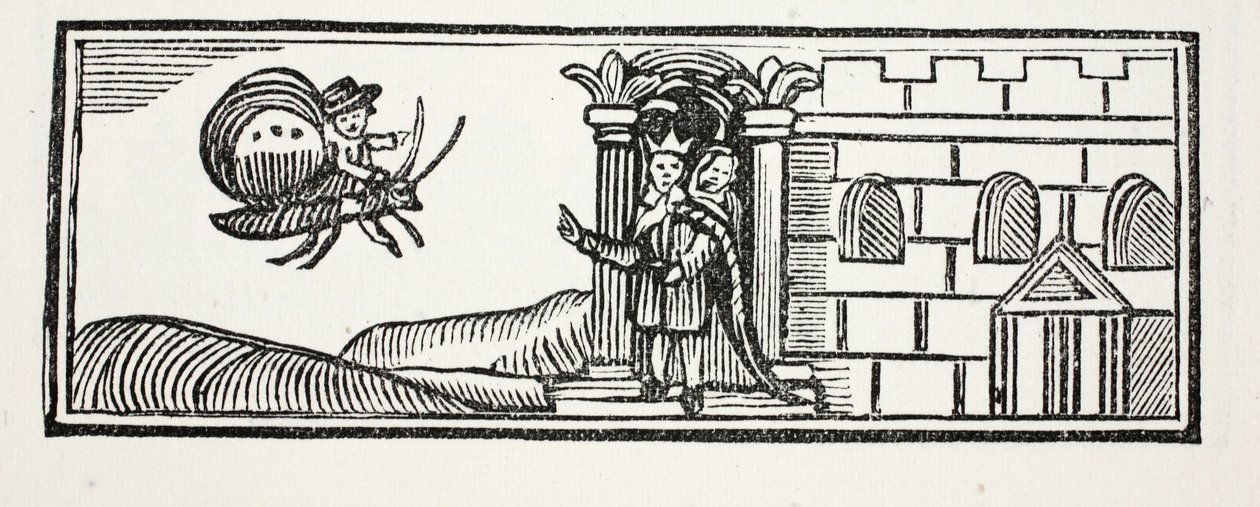 Tom verborg zich en probeerde te ontsnappen op de rug van een vlinder, illustratie uit Chap-books van de Achttiende Eeuw door John Ashton, uitgegeven 1882 door English School