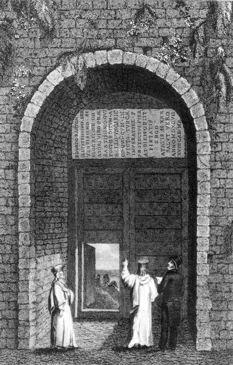 Grafsteen van de Britse ambassadeur, Edward Barton, boven een kloosterpoort op de Prinseneilanden, uit Residence at Constantinople door Robert Walsh, 1836 door English School