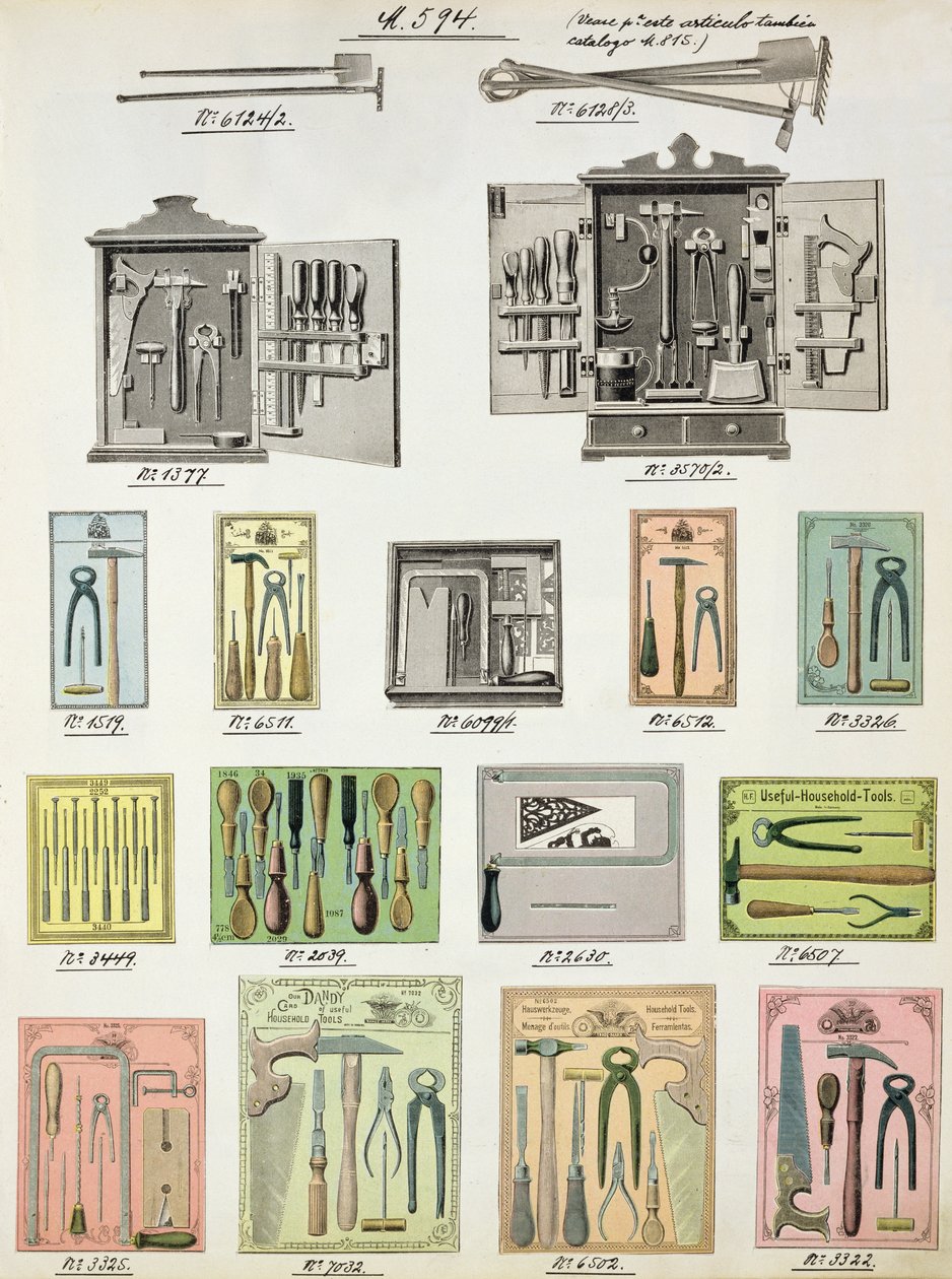 Gereedschappen en gereedschapskisten uit een handelscatalogus van huishoudelijke goederen en fittingen, c.1890-1910 door English School