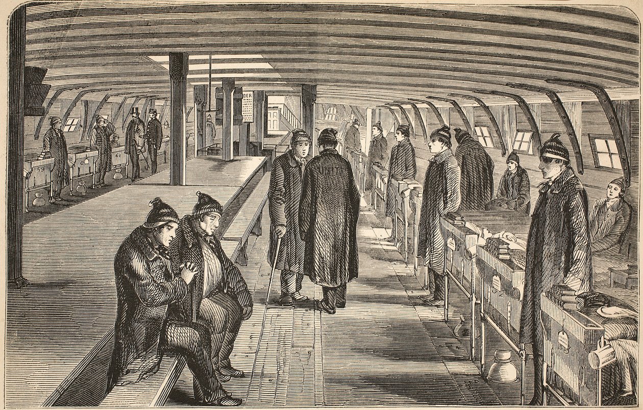 Bovendek van het Unite ziekenhuisschip, verbonden aan de hulks in Woolwich, illustratie uit The Criminal Prisons of London and Scenes from Prison Life door Henry Mayhew en John Binny, uitgegeven in 1862 door English School