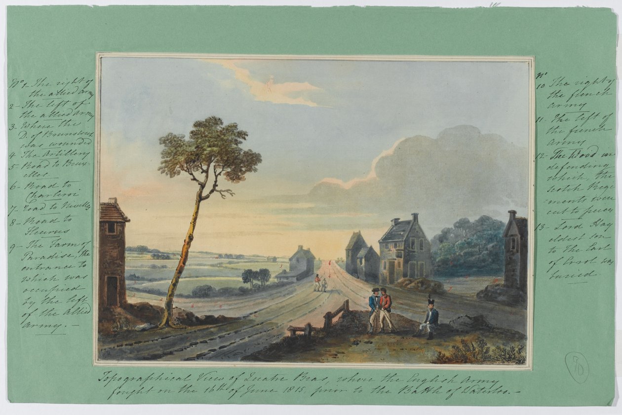 Topografisch uitzicht op Quatre Bras, waar het Engelse leger vocht op 16 juni 1815 voorafgaand aan de Slag bij Waterloo, ca. 1815 door English School