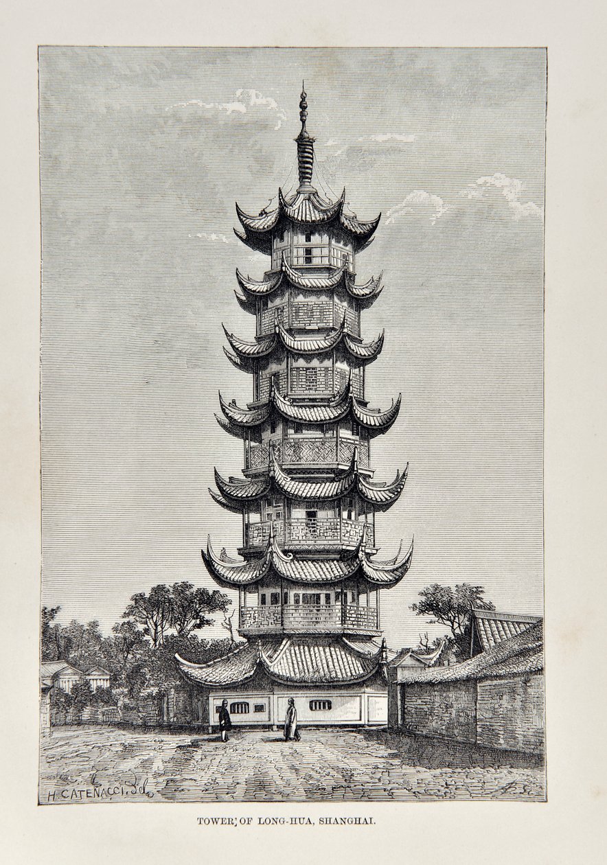 Toren van Long Hua, Shanghai, illustratie uit The Universal Geography, the Earth and its inhabitants, uitgegeven 1878 door English School