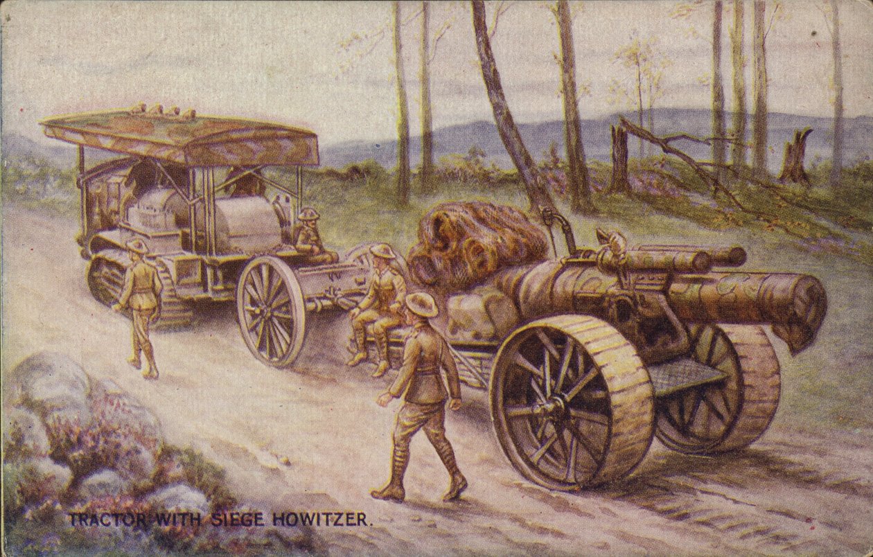 Tractor met belegeringshouwitser (kleurenlitho) door English School