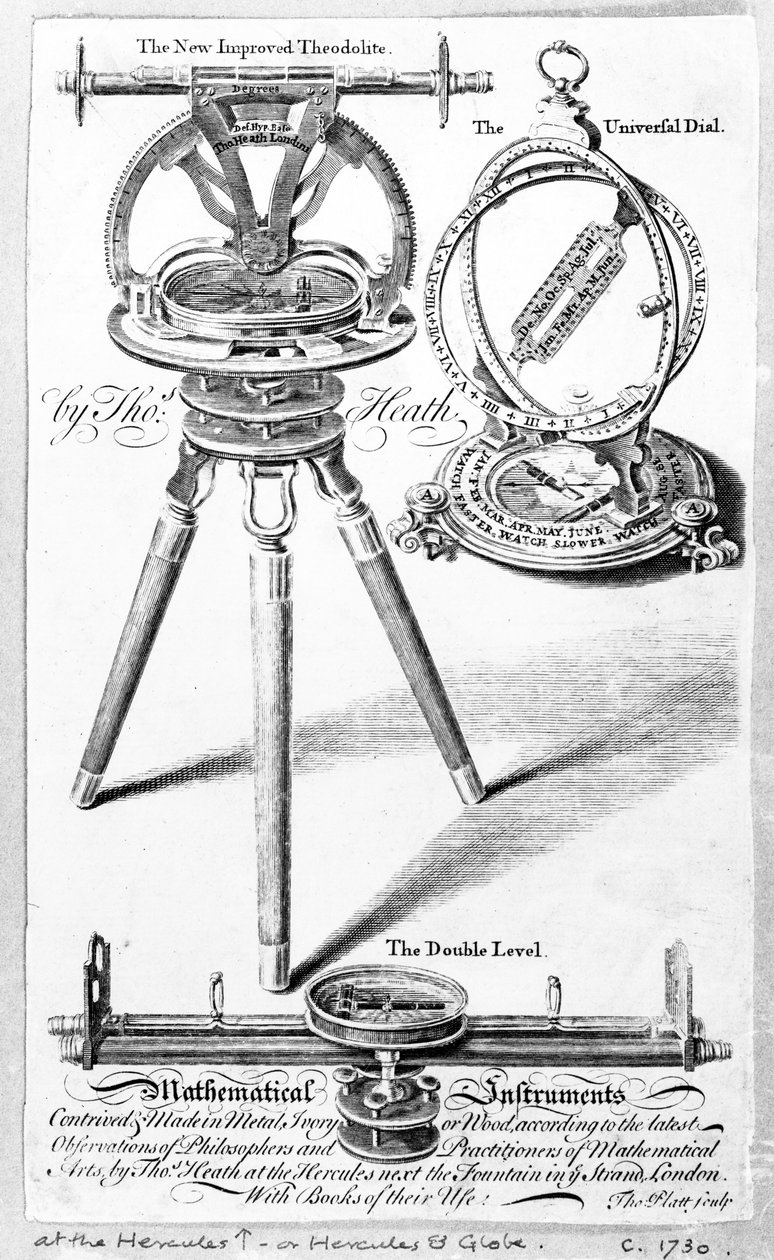 Handelskaart voor Thomas Heath, maker van Wiskundige Instrumenten, print gemaakt door Thomas Platt, ca.1730 door English School