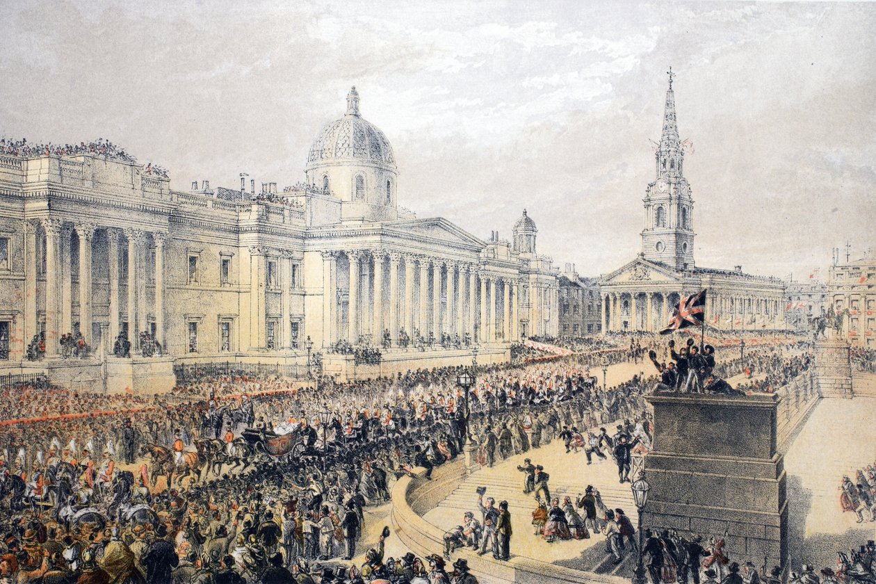 Trafalgar Square, uit A Memorial of the Marriage of Edward VII and Alexandra of Denmark, pub. 1864 door English School