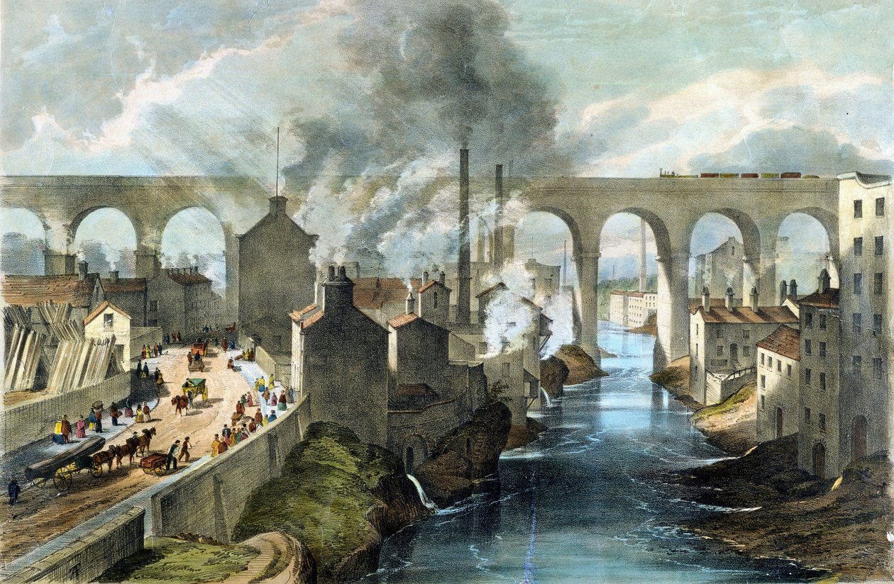 Trein kruist Stockport Viaduct op London  North Western Railway, ca. 1845 (kleurenlitho) door English School