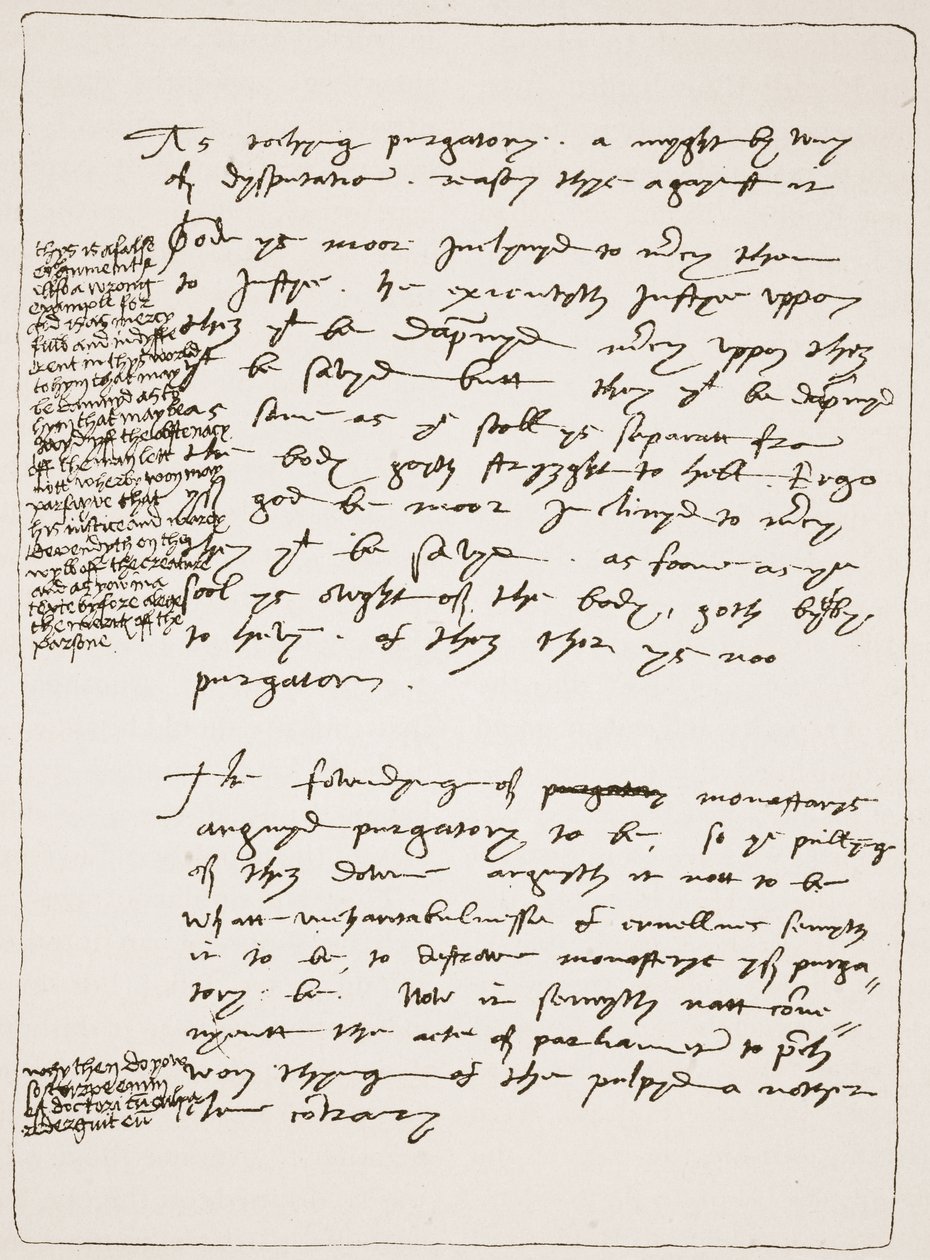 Verhandeling door Latimer in zijn eigen handschrift, waarin hij de leer van de transsubstantiatie betwist, met kanttekeningen in het handschrift van Hendrik VIII, uit De Kerk van Engeland: Een Geschiedenis voor het Volk door H.D.M. Spence-Jones door English School